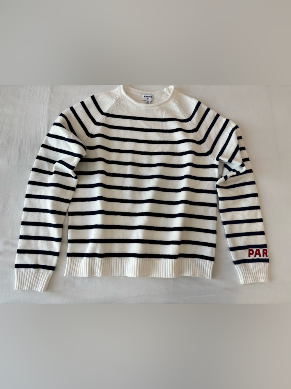 Parke White and Navy Striped Crewneck Sweater